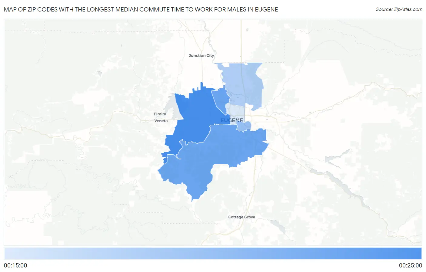 Zip Codes with the Longest Median Commute Time to Work for Males in Eugene Map