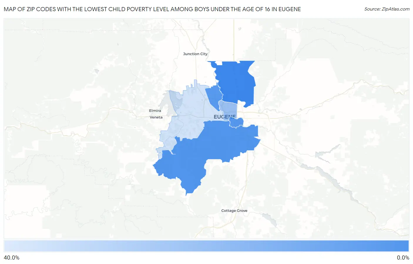 Zip Codes with the Lowest Child Poverty Level Among Boys Under the Age of 16 in Eugene Map