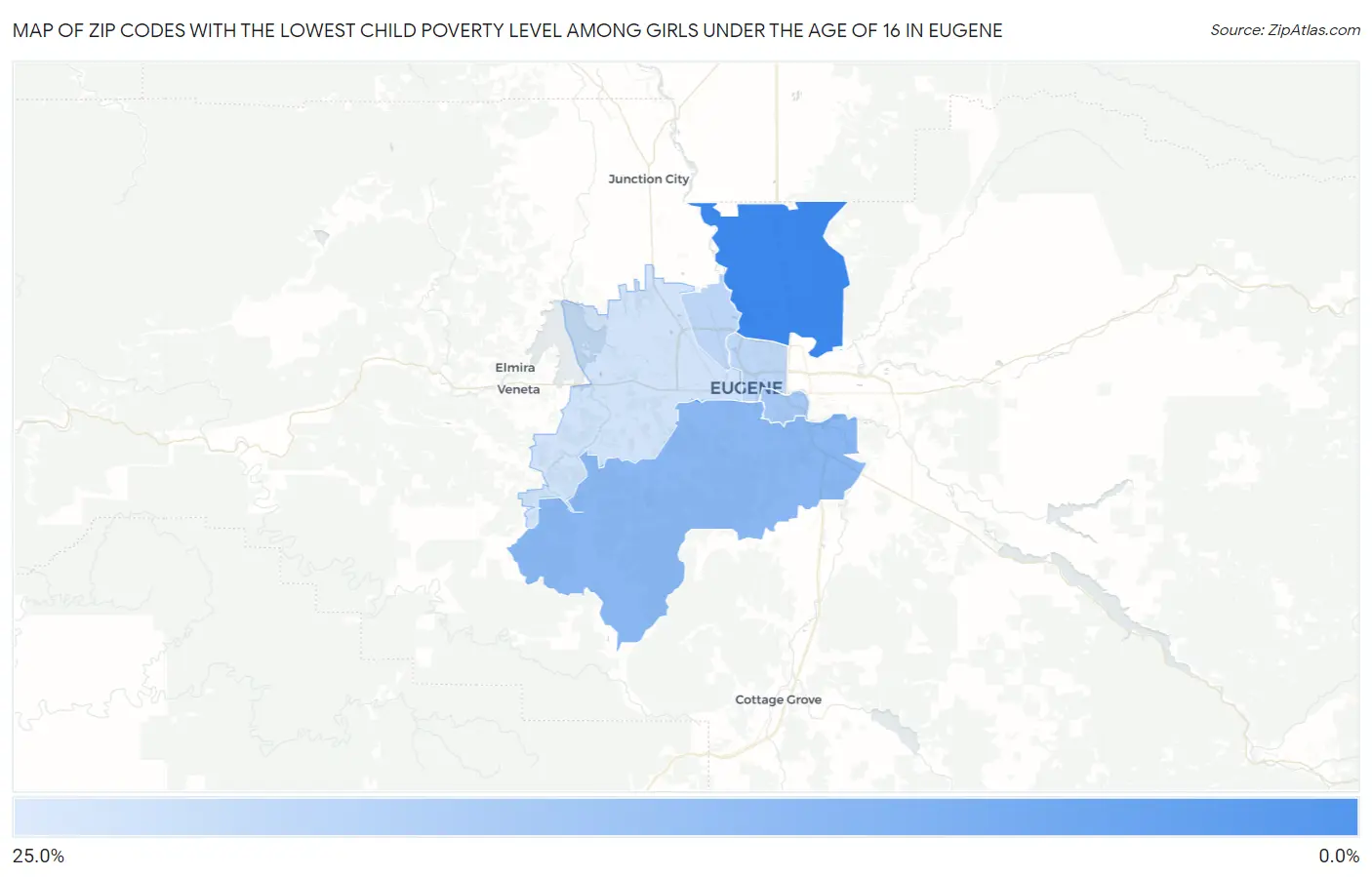 Zip Codes with the Lowest Child Poverty Level Among Girls Under the Age of 16 in Eugene Map