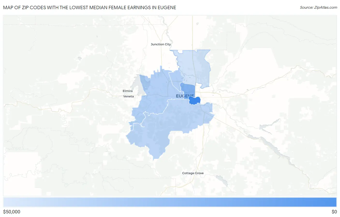 Zip Codes with the Lowest Median Female Earnings in Eugene Map