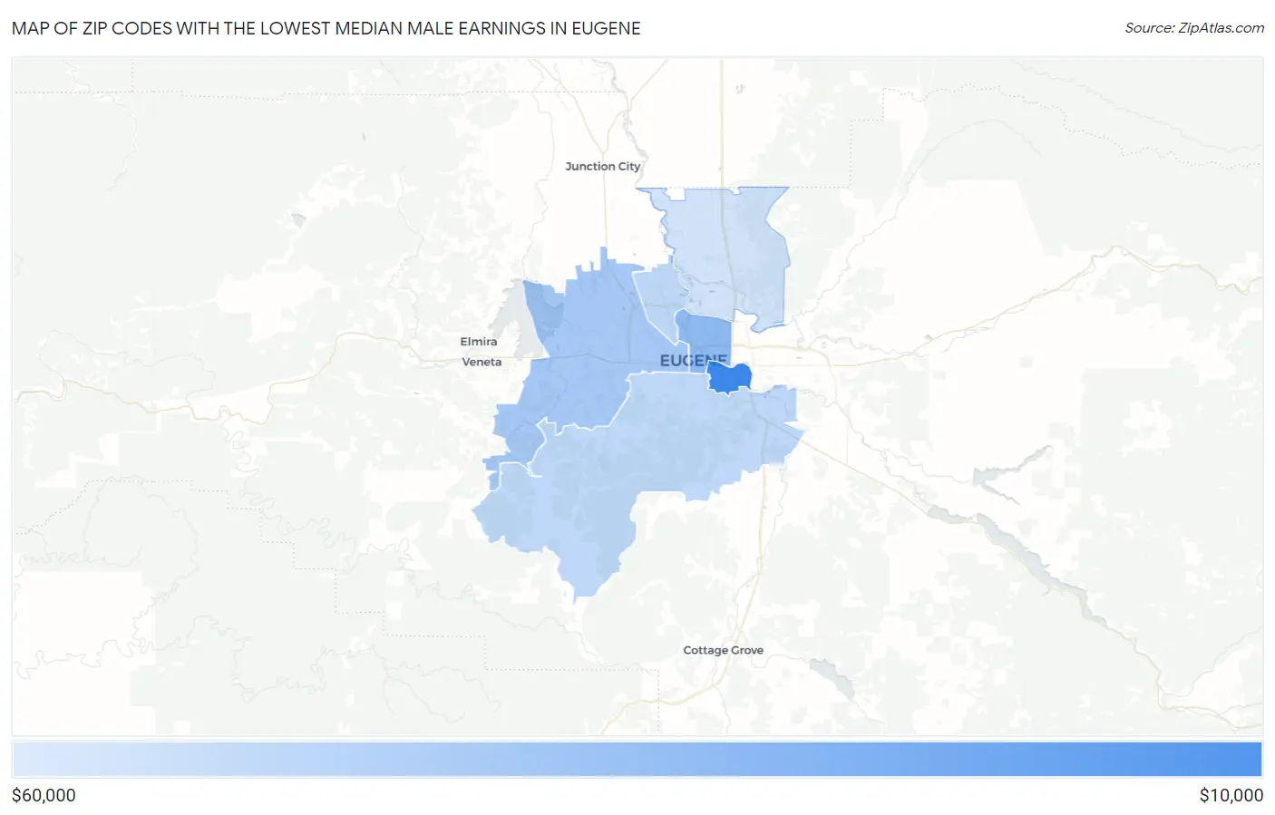 Zip Codes with the Lowest Median Male Earnings in Eugene Map