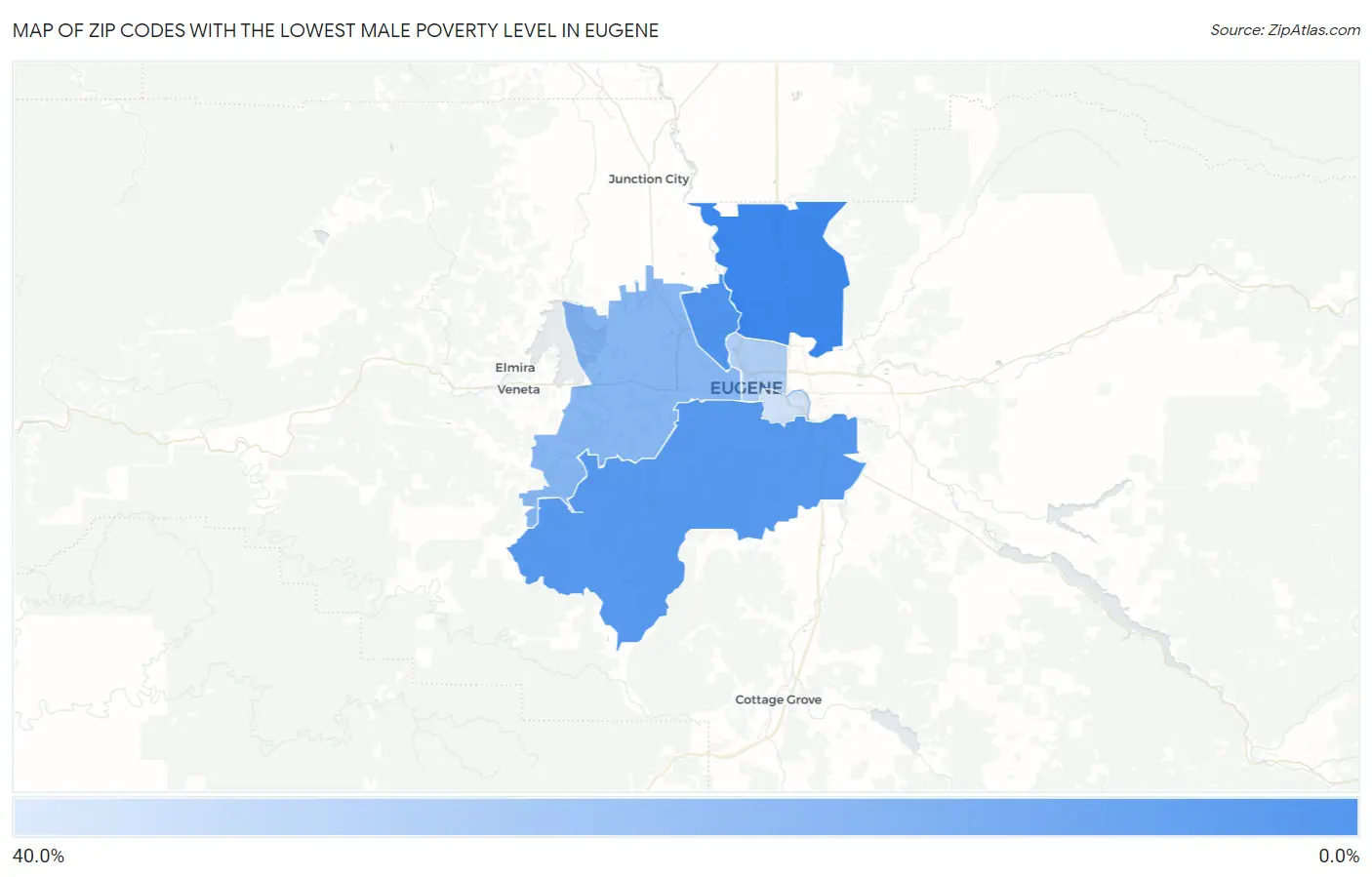 Zip Codes with the Lowest Male Poverty Level in Eugene Map