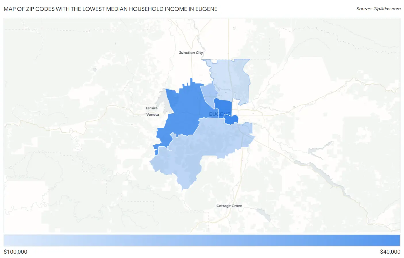 Zip Codes with the Lowest Median Household Income in Eugene Map