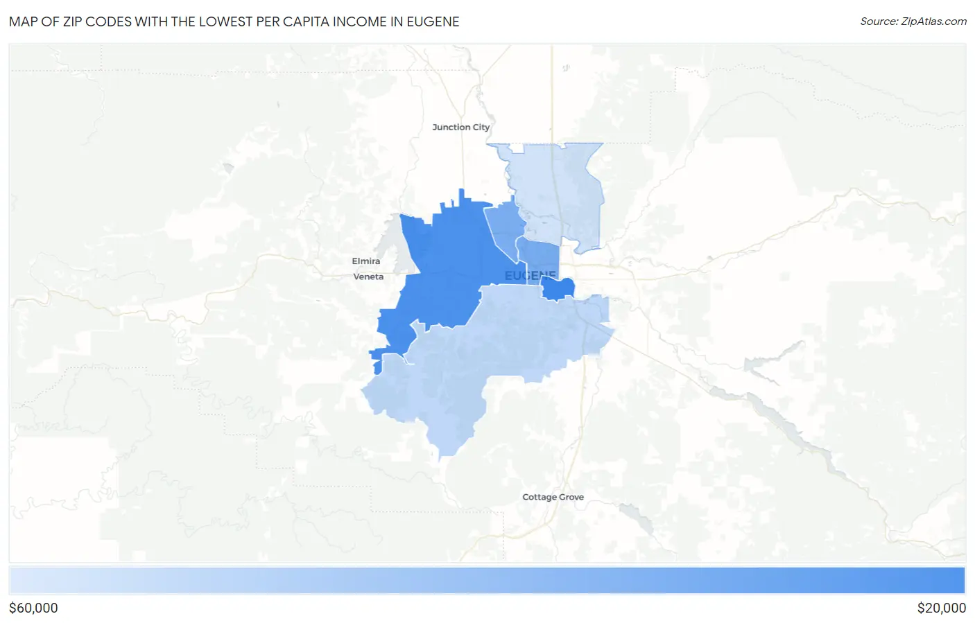 Zip Codes with the Lowest Per Capita Income in Eugene Map
