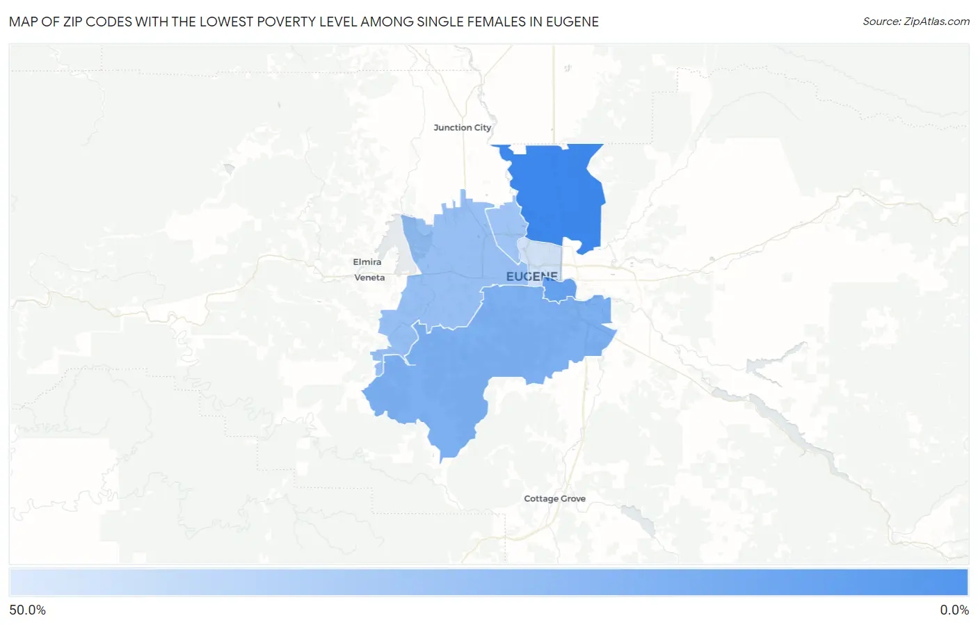 Zip Codes with the Lowest Poverty Level Among Single Females in Eugene Map