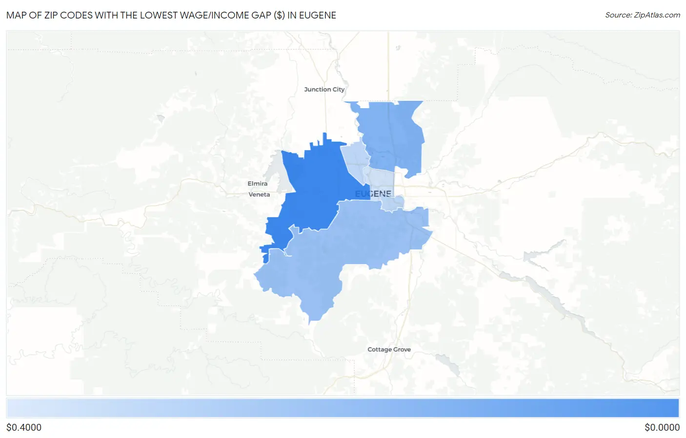 Zip Codes with the Lowest Wage/Income Gap ($) in Eugene Map