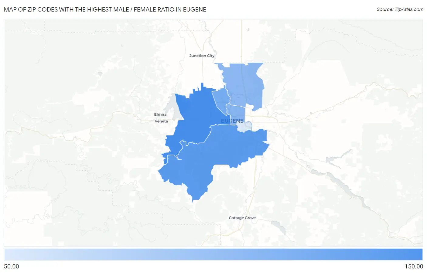 Zip Codes with the Highest Male / Female Ratio in Eugene Map