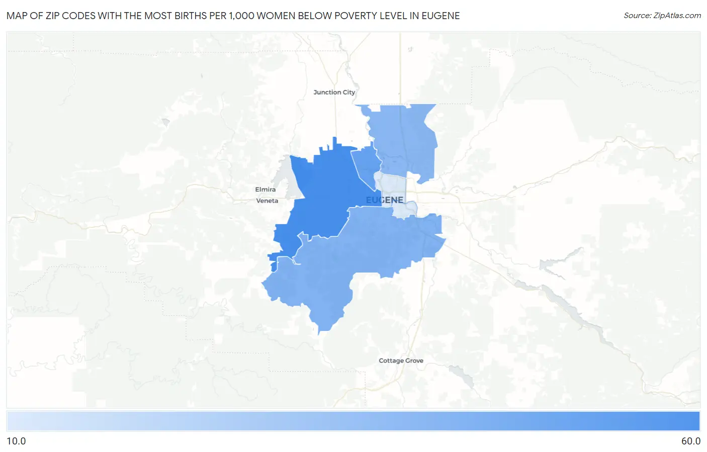 Zip Codes with the Most Births per 1,000 Women Below Poverty Level in Eugene Map