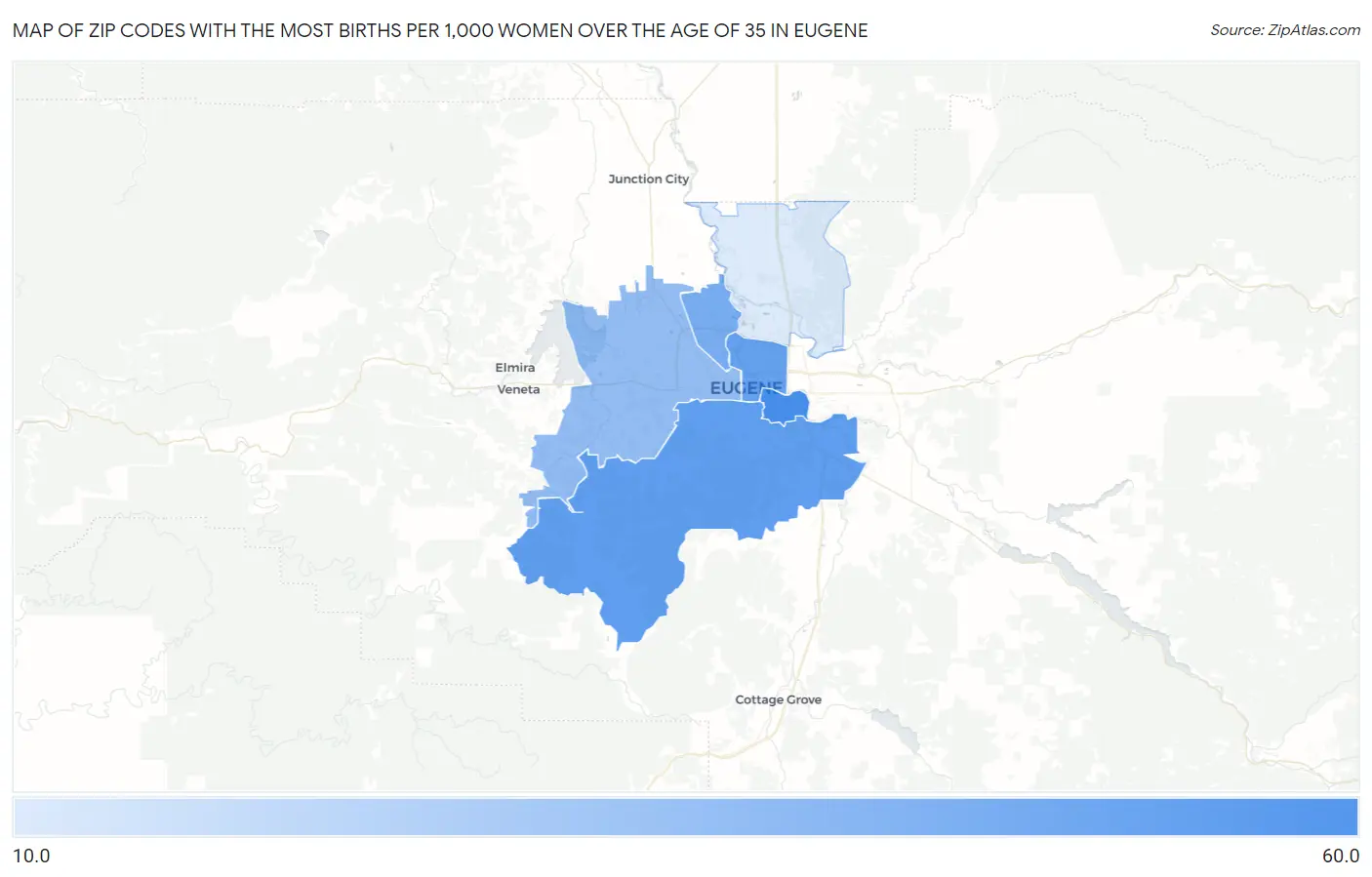 Zip Codes with the Most Births per 1,000 Women Over the Age of 35 in Eugene Map