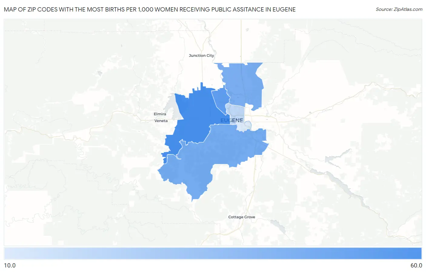 Zip Codes with the Most Births per 1,000 Women Receiving Public Assitance in Eugene Map