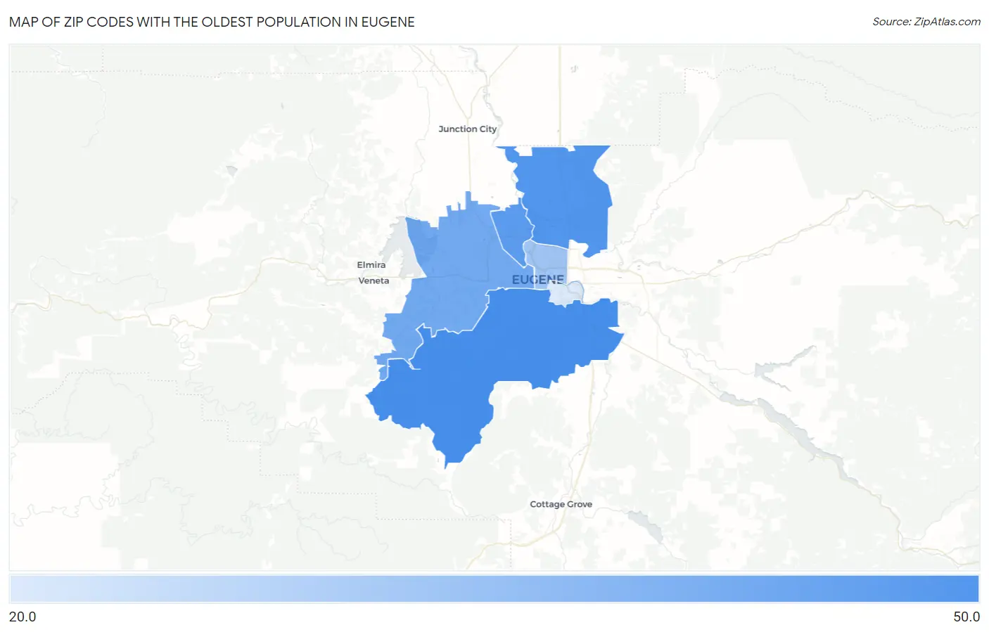 Zip Codes with the Oldest Population in Eugene Map