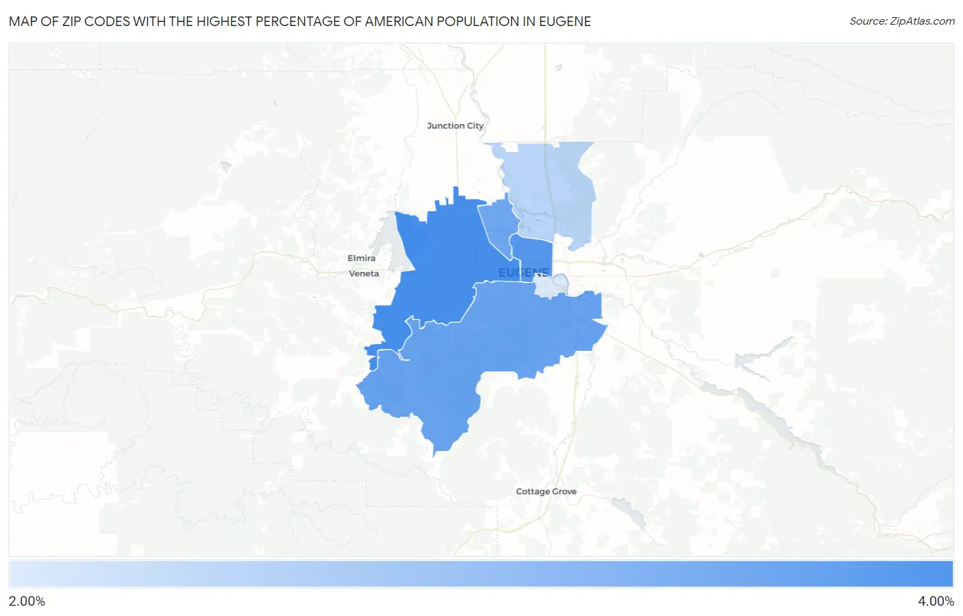 Zip Codes with the Highest Percentage of American Population in Eugene Map