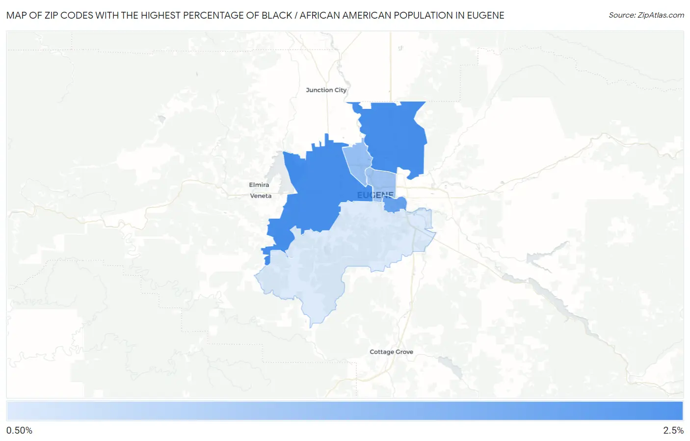 Zip Codes with the Highest Percentage of Black / African American Population in Eugene Map