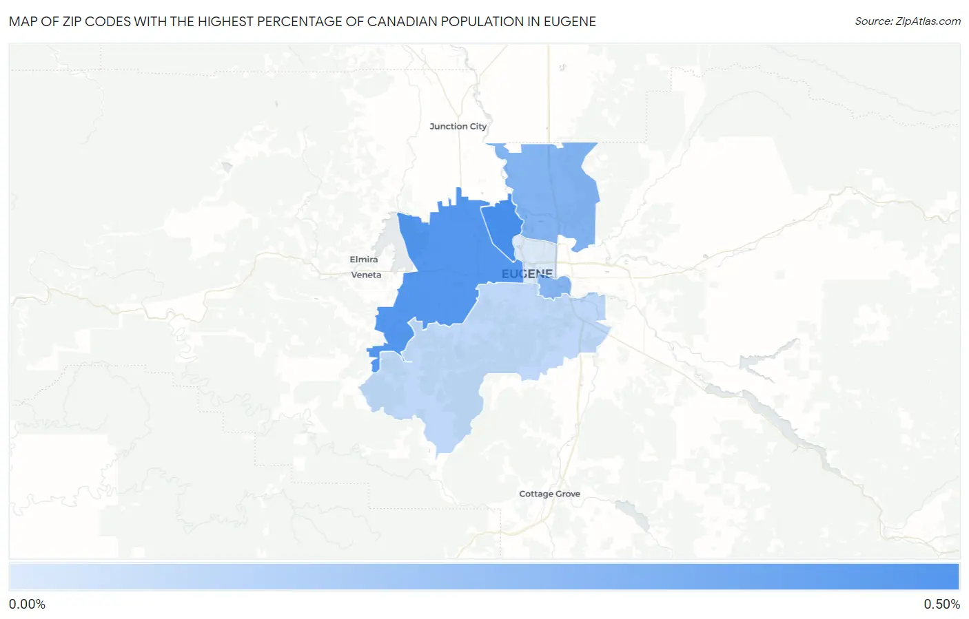 Zip Codes with the Highest Percentage of Canadian Population in Eugene Map