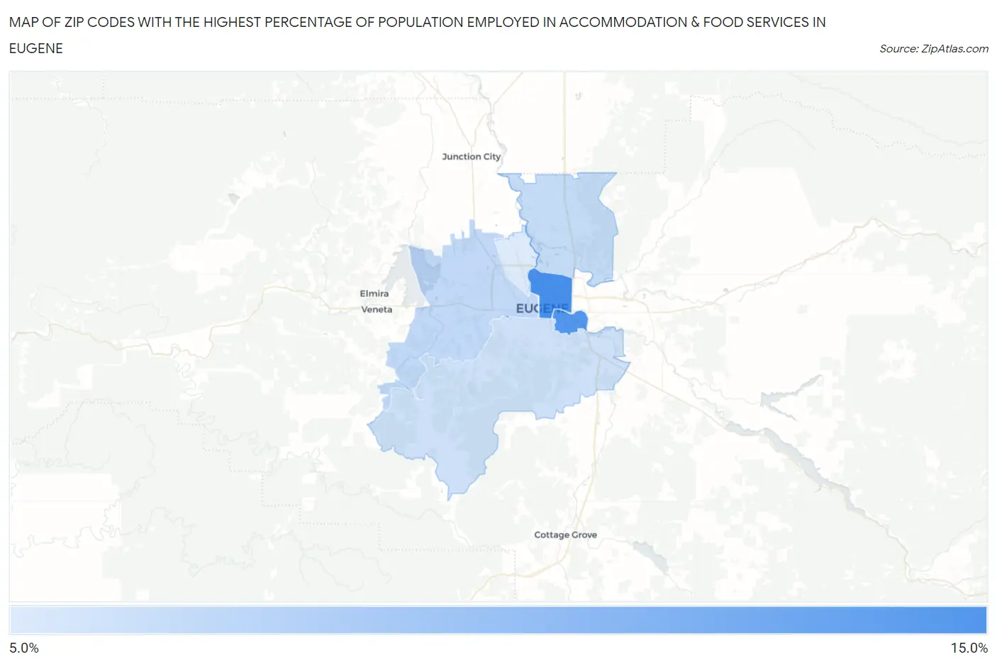 Zip Codes with the Highest Percentage of Population Employed in Accommodation & Food Services in Eugene Map