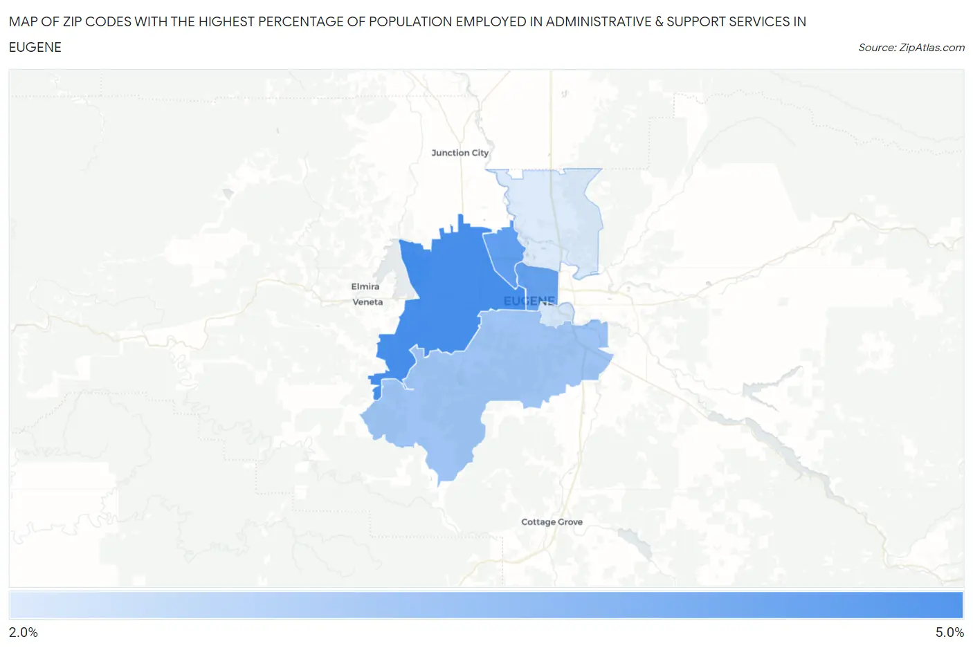 Zip Codes with the Highest Percentage of Population Employed in Administrative & Support Services in Eugene Map