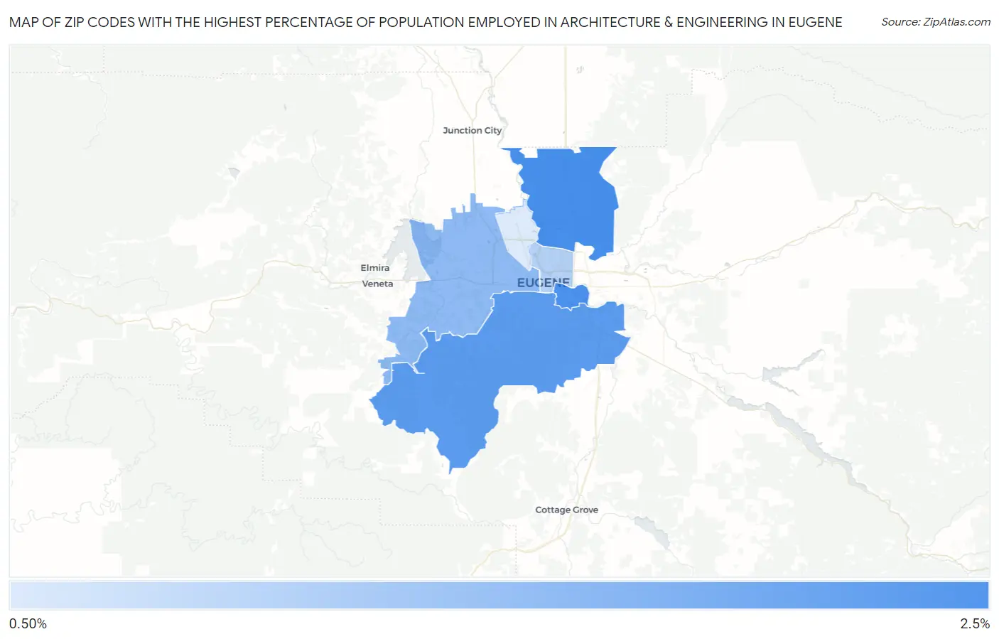 Zip Codes with the Highest Percentage of Population Employed in Architecture & Engineering in Eugene Map