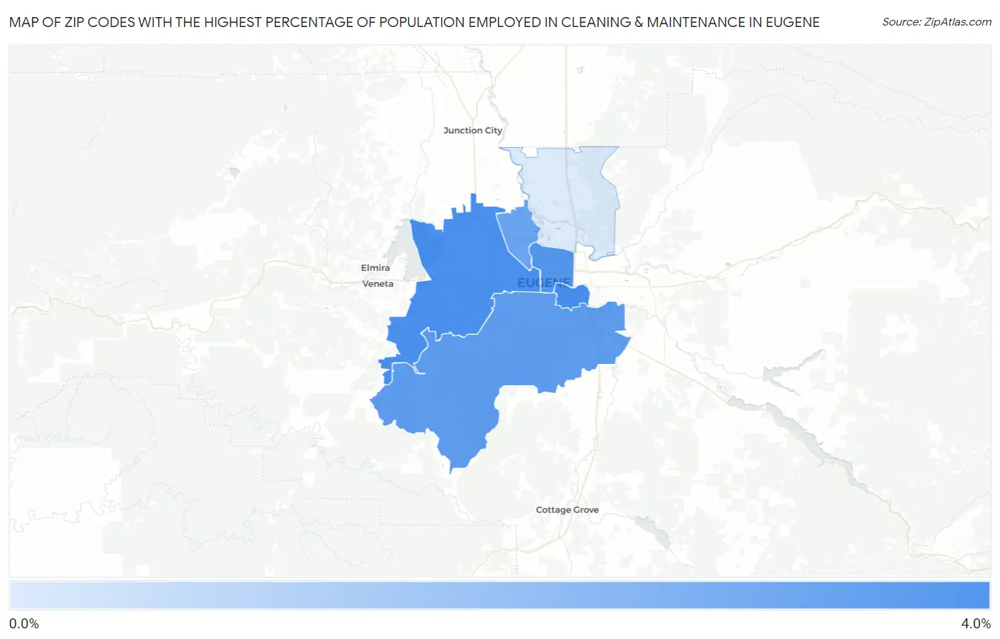 Zip Codes with the Highest Percentage of Population Employed in Cleaning & Maintenance in Eugene Map
