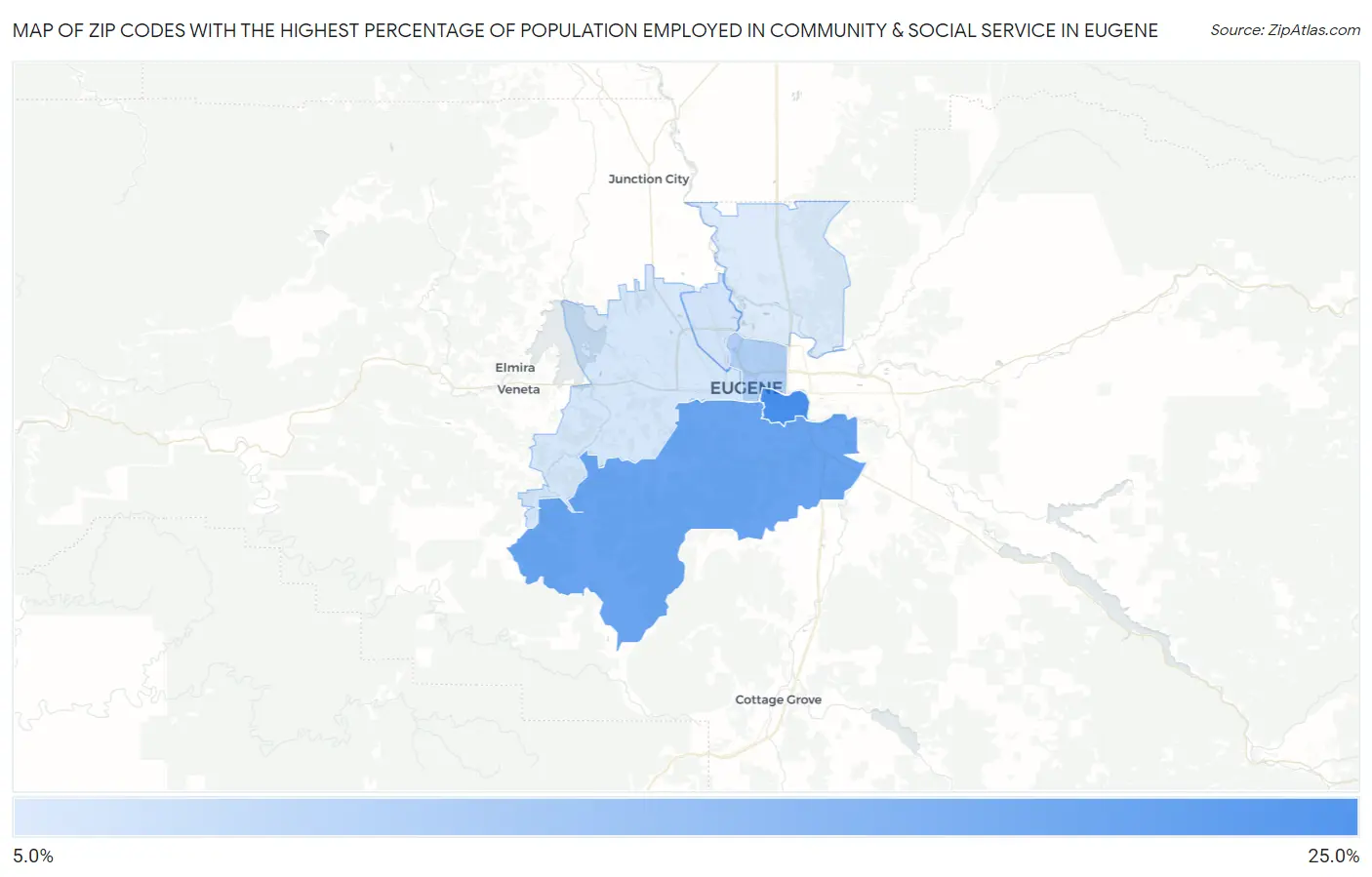 Zip Codes with the Highest Percentage of Population Employed in Community & Social Service  in Eugene Map