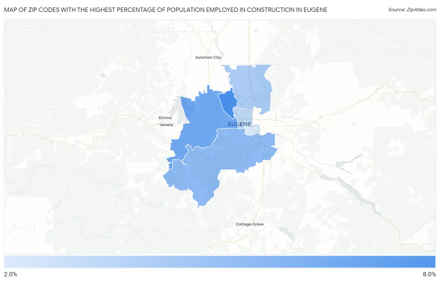 Zip Codes with the Highest Percentage of Population Employed in Construction in Eugene Map