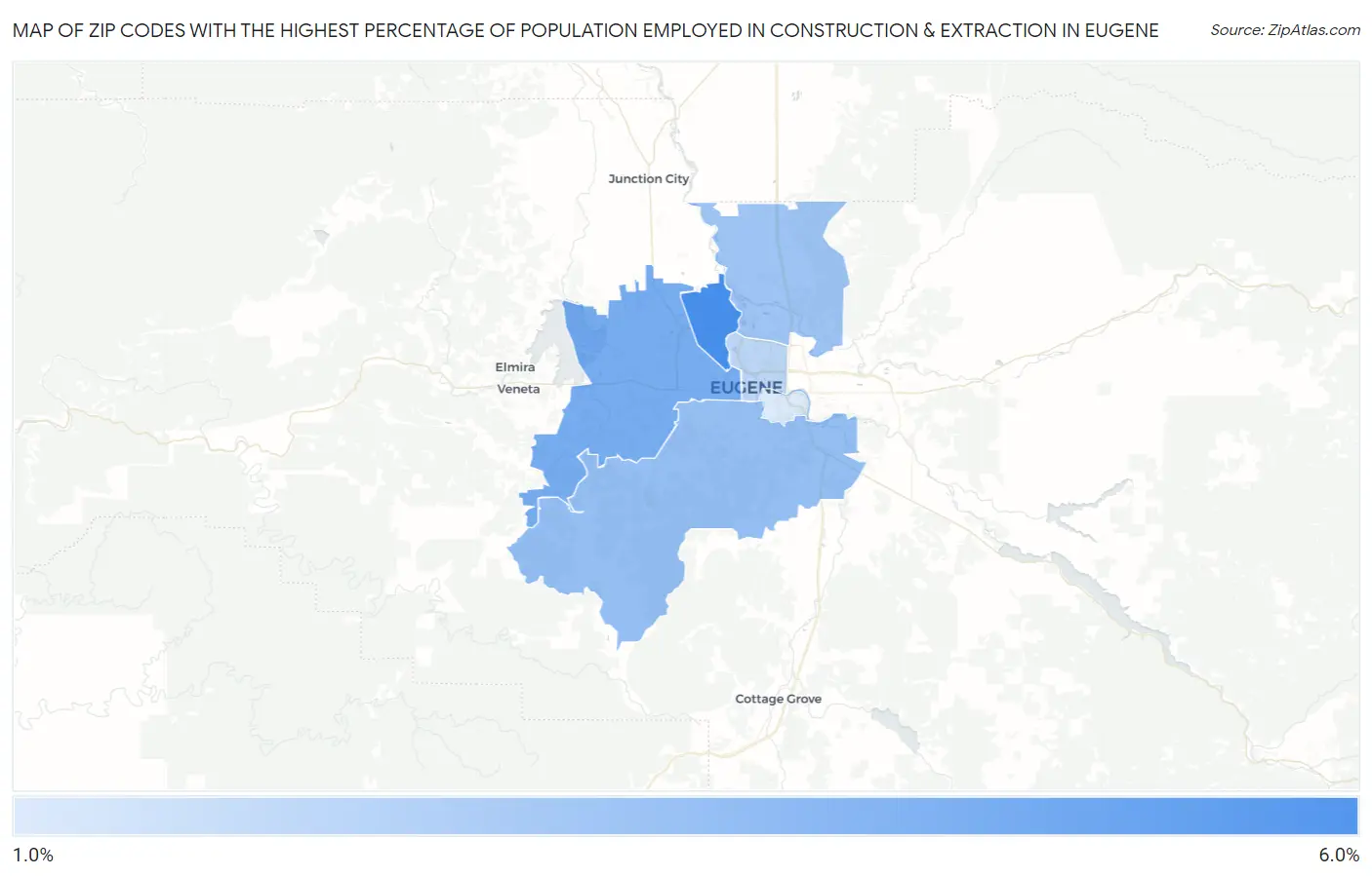 Zip Codes with the Highest Percentage of Population Employed in Construction & Extraction in Eugene Map