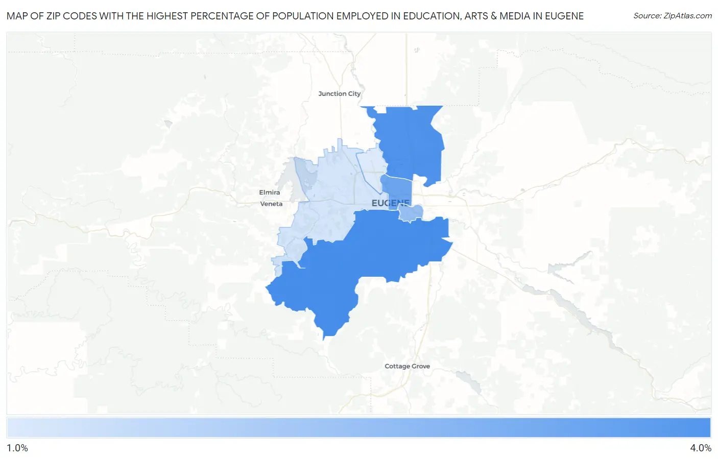 Zip Codes with the Highest Percentage of Population Employed in Education, Arts & Media in Eugene Map