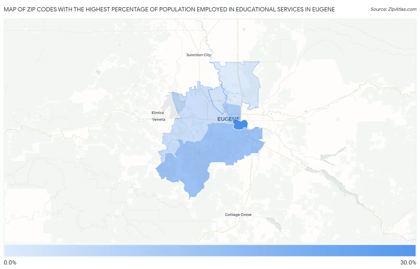 Zip Codes with the Highest Percentage of Population Employed in Educational Services in Eugene Map