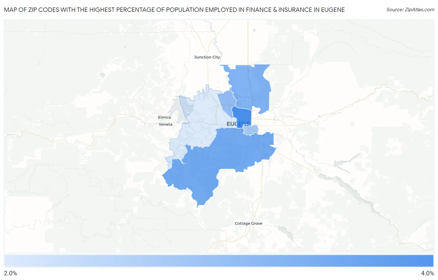 Zip Codes with the Highest Percentage of Population Employed in Finance & Insurance in Eugene Map