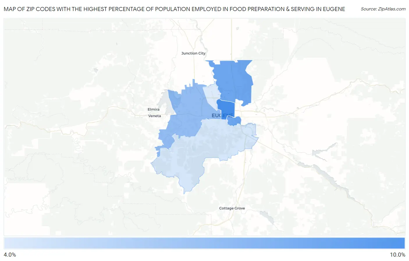 Zip Codes with the Highest Percentage of Population Employed in Food Preparation & Serving in Eugene Map