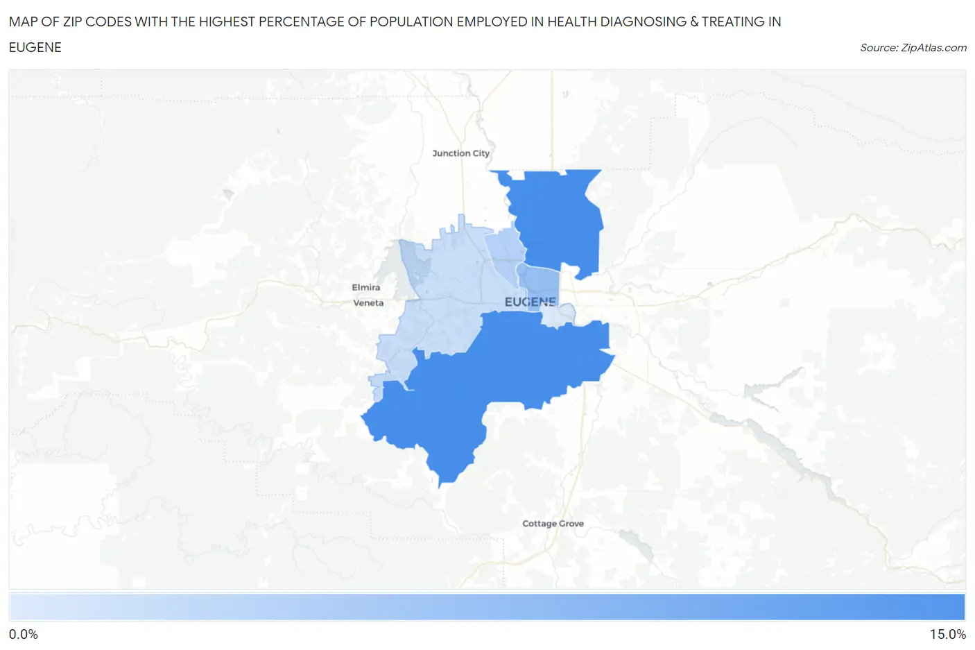 Zip Codes with the Highest Percentage of Population Employed in Health Diagnosing & Treating in Eugene Map