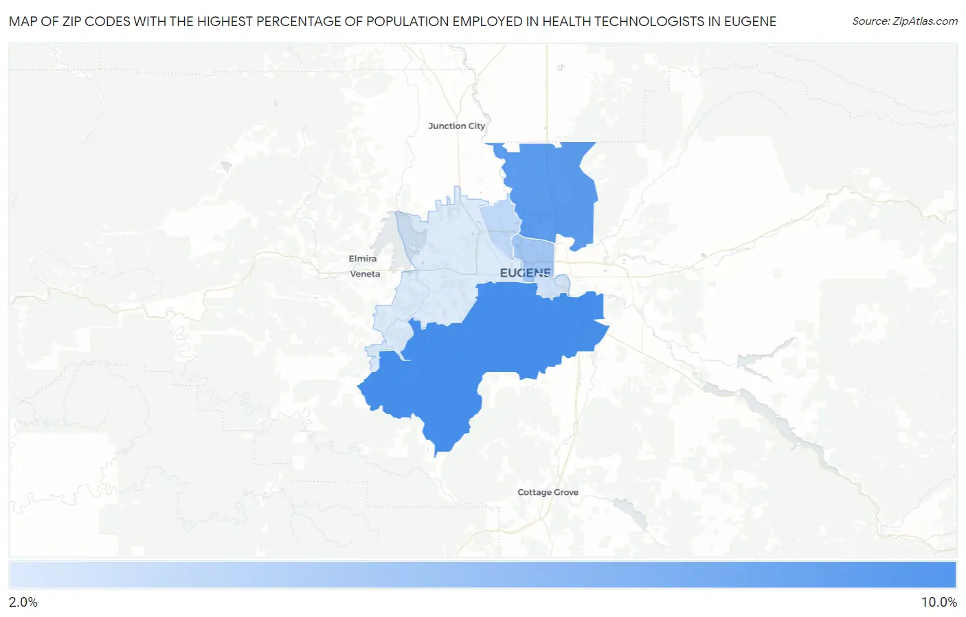 Zip Codes with the Highest Percentage of Population Employed in Health Technologists in Eugene Map