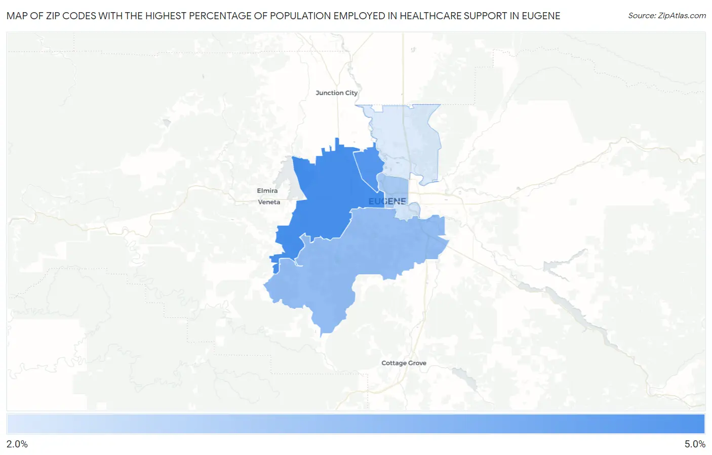 Zip Codes with the Highest Percentage of Population Employed in Healthcare Support in Eugene Map