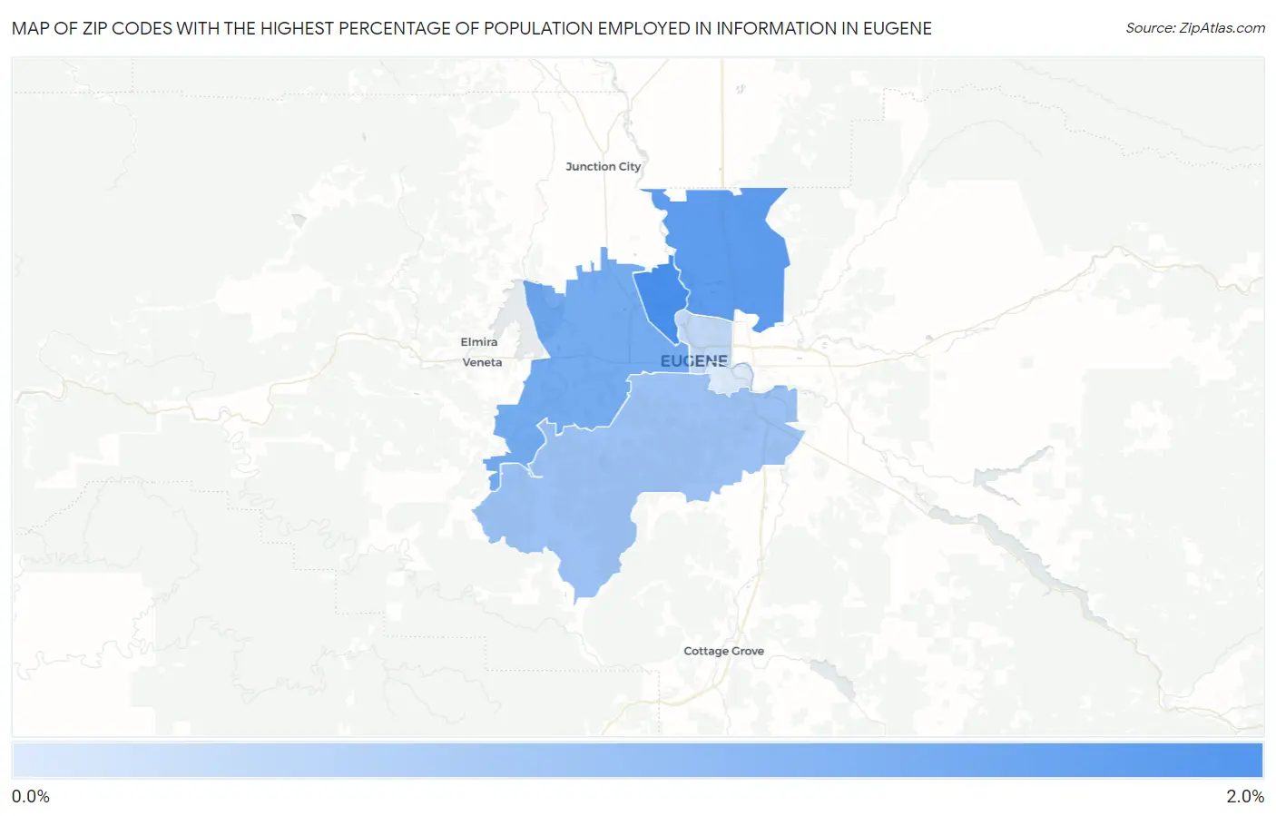 Zip Codes with the Highest Percentage of Population Employed in Information in Eugene Map