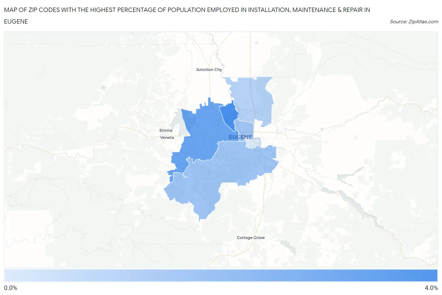 Zip Codes with the Highest Percentage of Population Employed in Installation, Maintenance & Repair in Eugene Map
