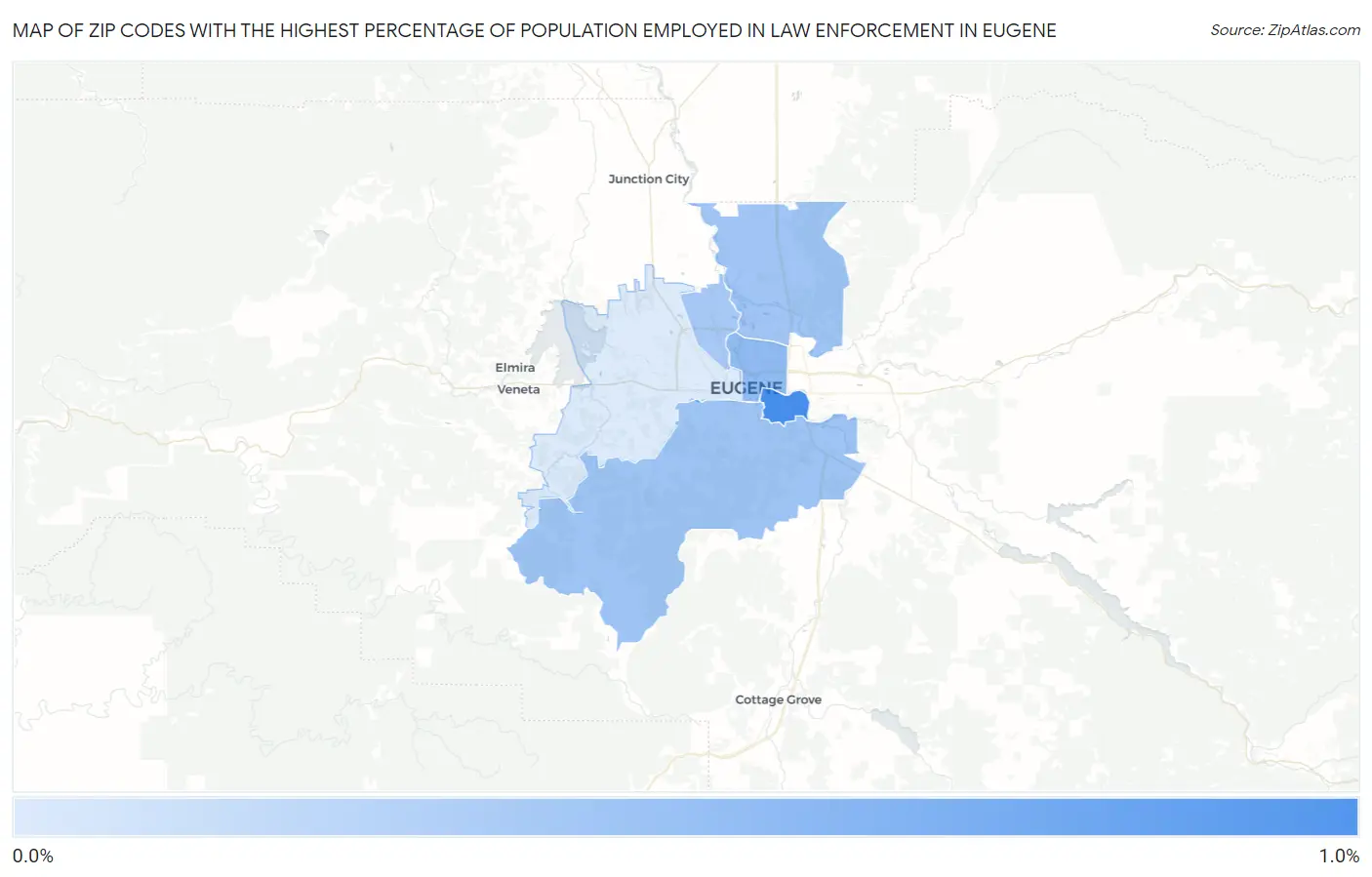 Zip Codes with the Highest Percentage of Population Employed in Law Enforcement in Eugene Map