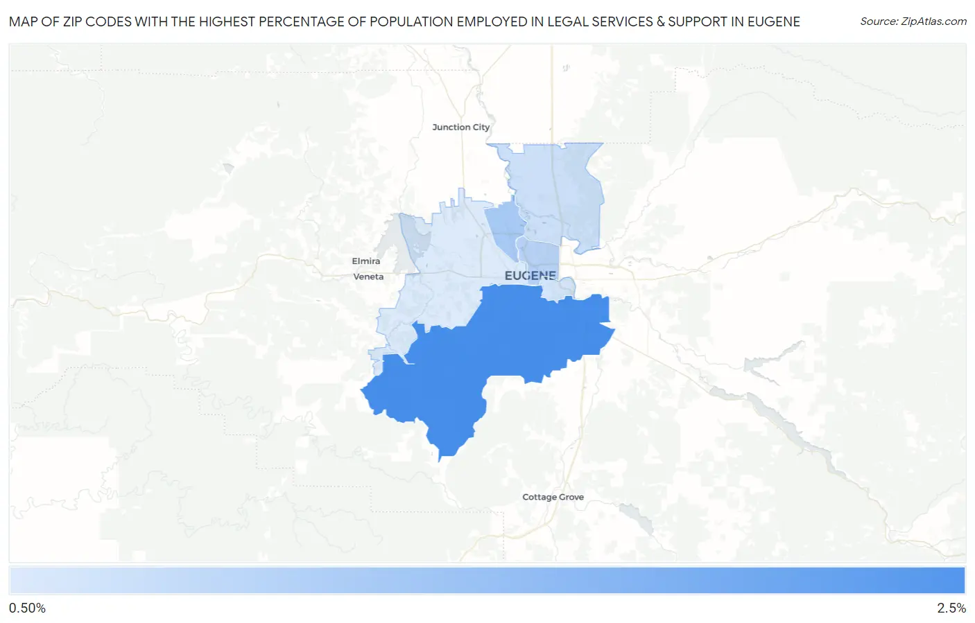 Zip Codes with the Highest Percentage of Population Employed in Legal Services & Support in Eugene Map