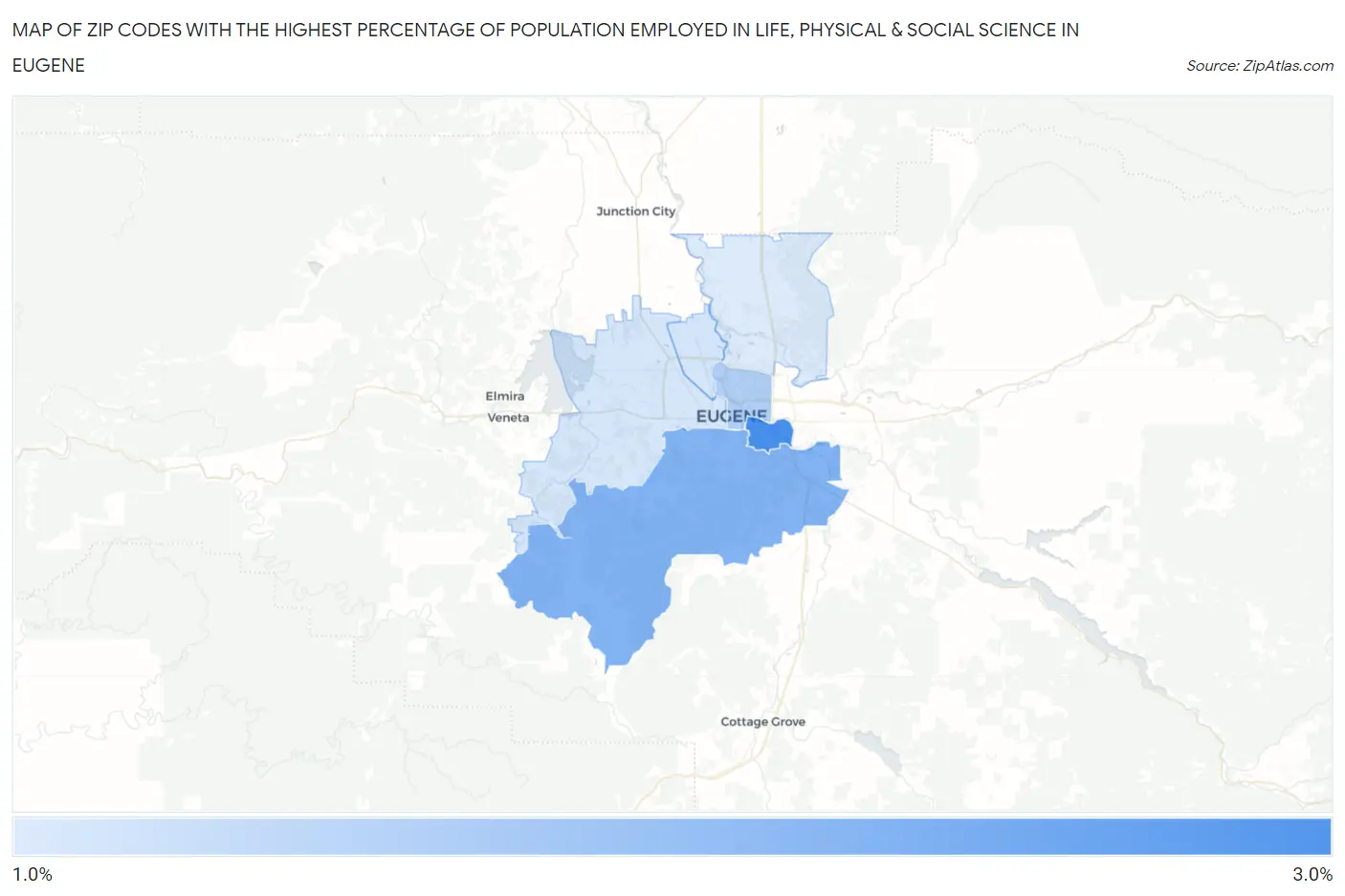 Zip Codes with the Highest Percentage of Population Employed in Life, Physical & Social Science in Eugene Map