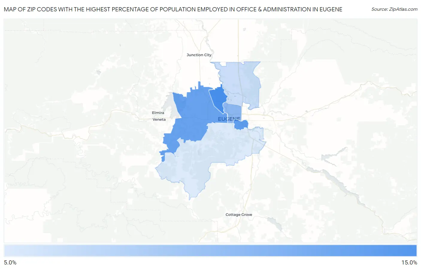 Zip Codes with the Highest Percentage of Population Employed in Office & Administration in Eugene Map