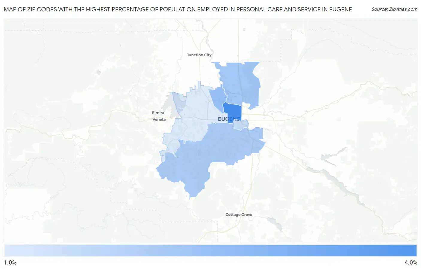 Zip Codes with the Highest Percentage of Population Employed in Personal Care and Service in Eugene Map