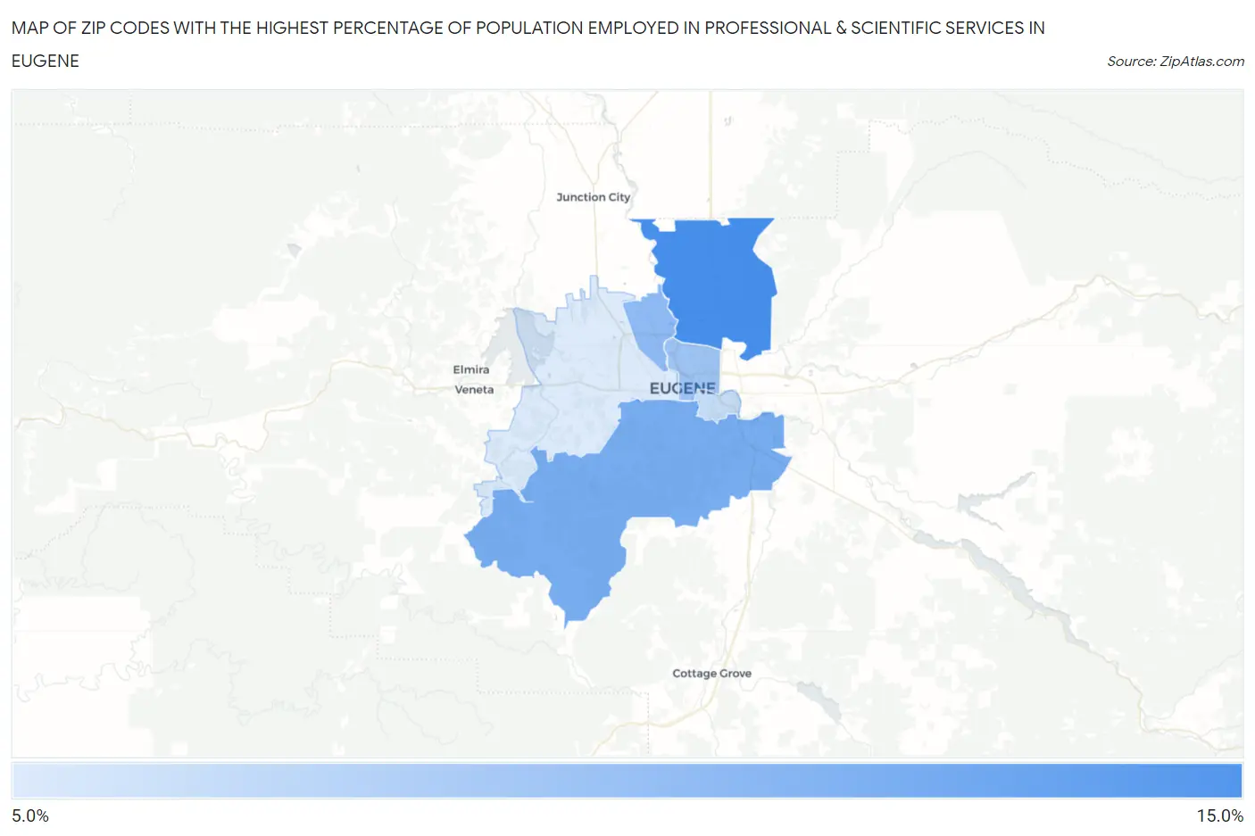 Zip Codes with the Highest Percentage of Population Employed in Professional & Scientific Services in Eugene Map