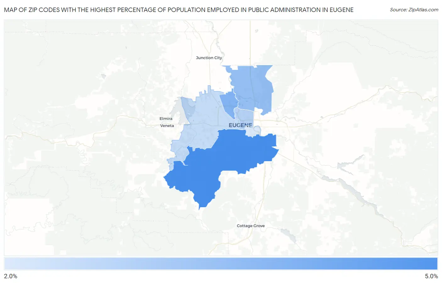 Zip Codes with the Highest Percentage of Population Employed in Public Administration in Eugene Map