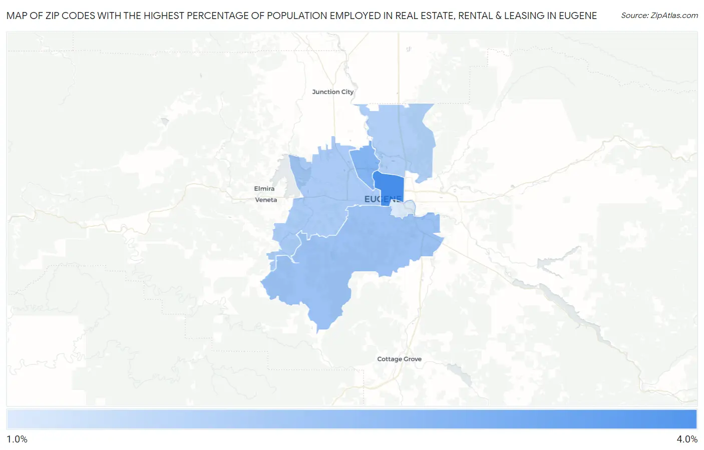 Zip Codes with the Highest Percentage of Population Employed in Real Estate, Rental & Leasing in Eugene Map