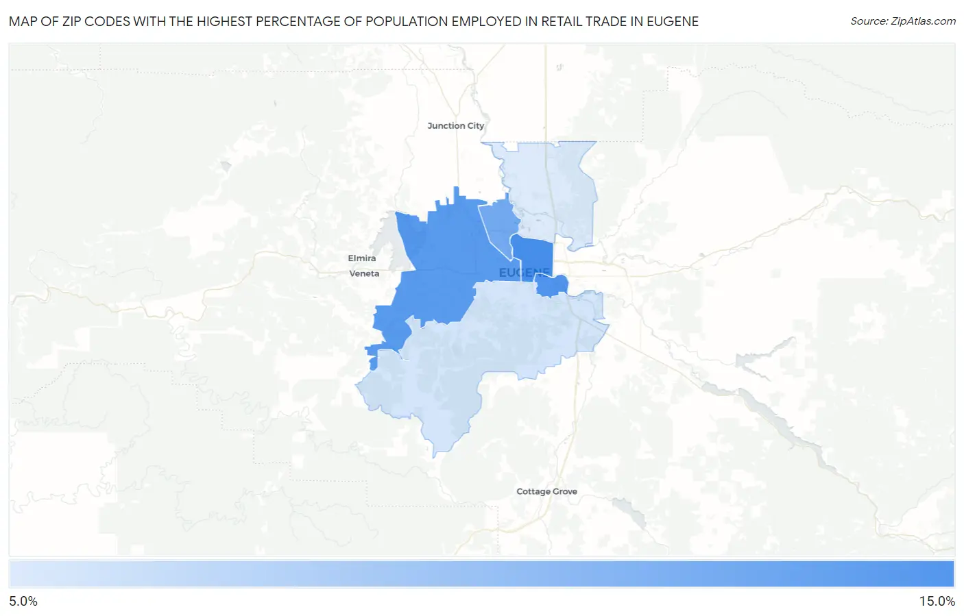 Zip Codes with the Highest Percentage of Population Employed in Retail Trade in Eugene Map