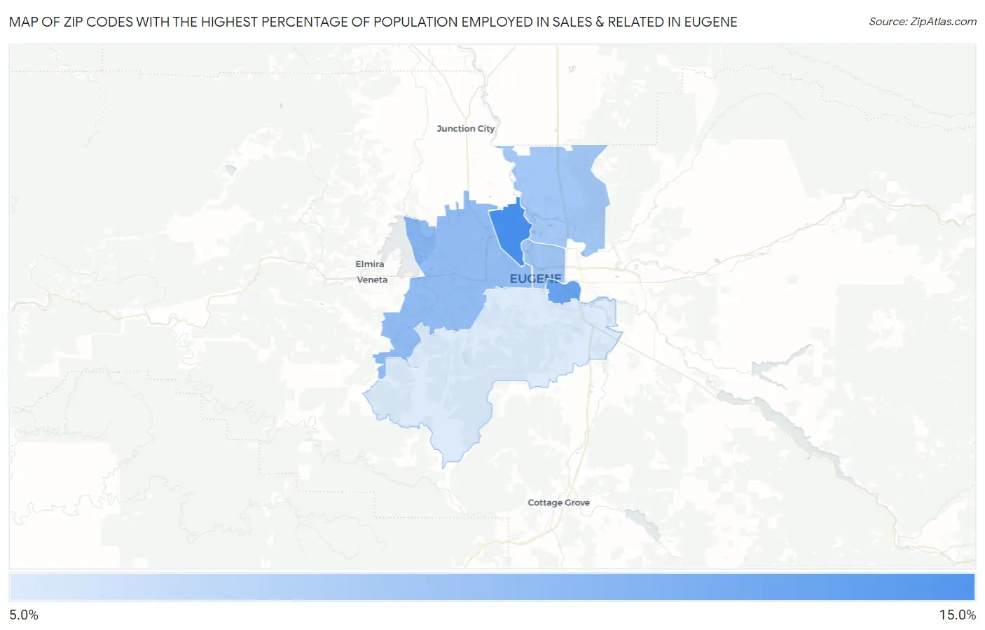 Zip Codes with the Highest Percentage of Population Employed in Sales & Related in Eugene Map