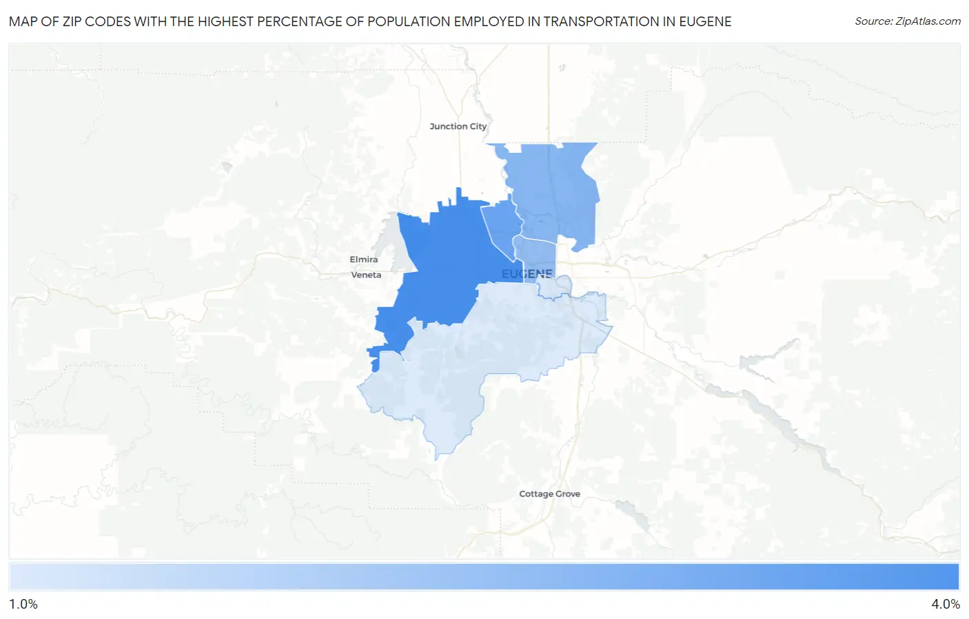 Zip Codes with the Highest Percentage of Population Employed in Transportation in Eugene Map
