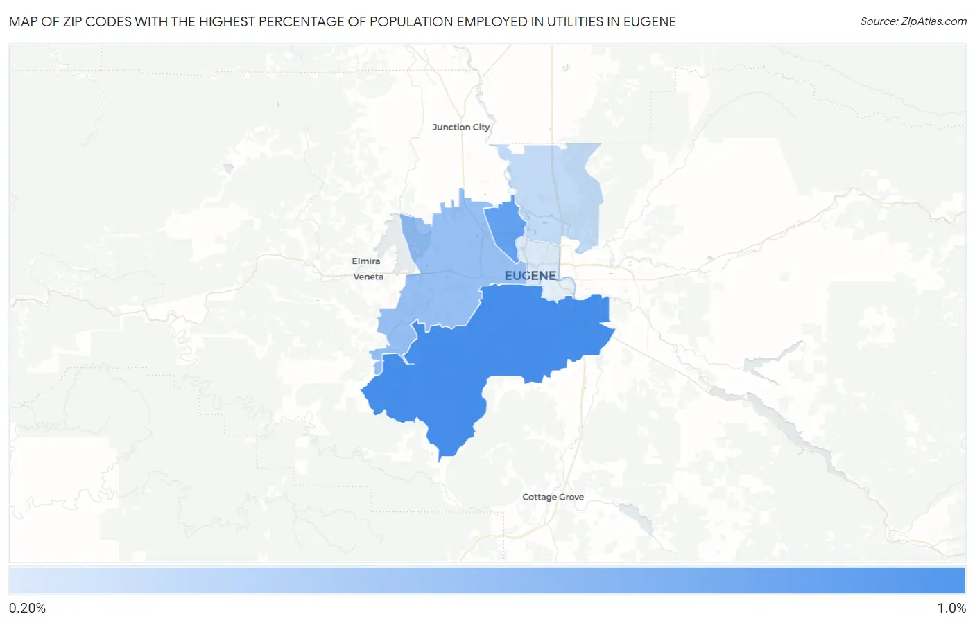 Zip Codes with the Highest Percentage of Population Employed in Utilities in Eugene Map