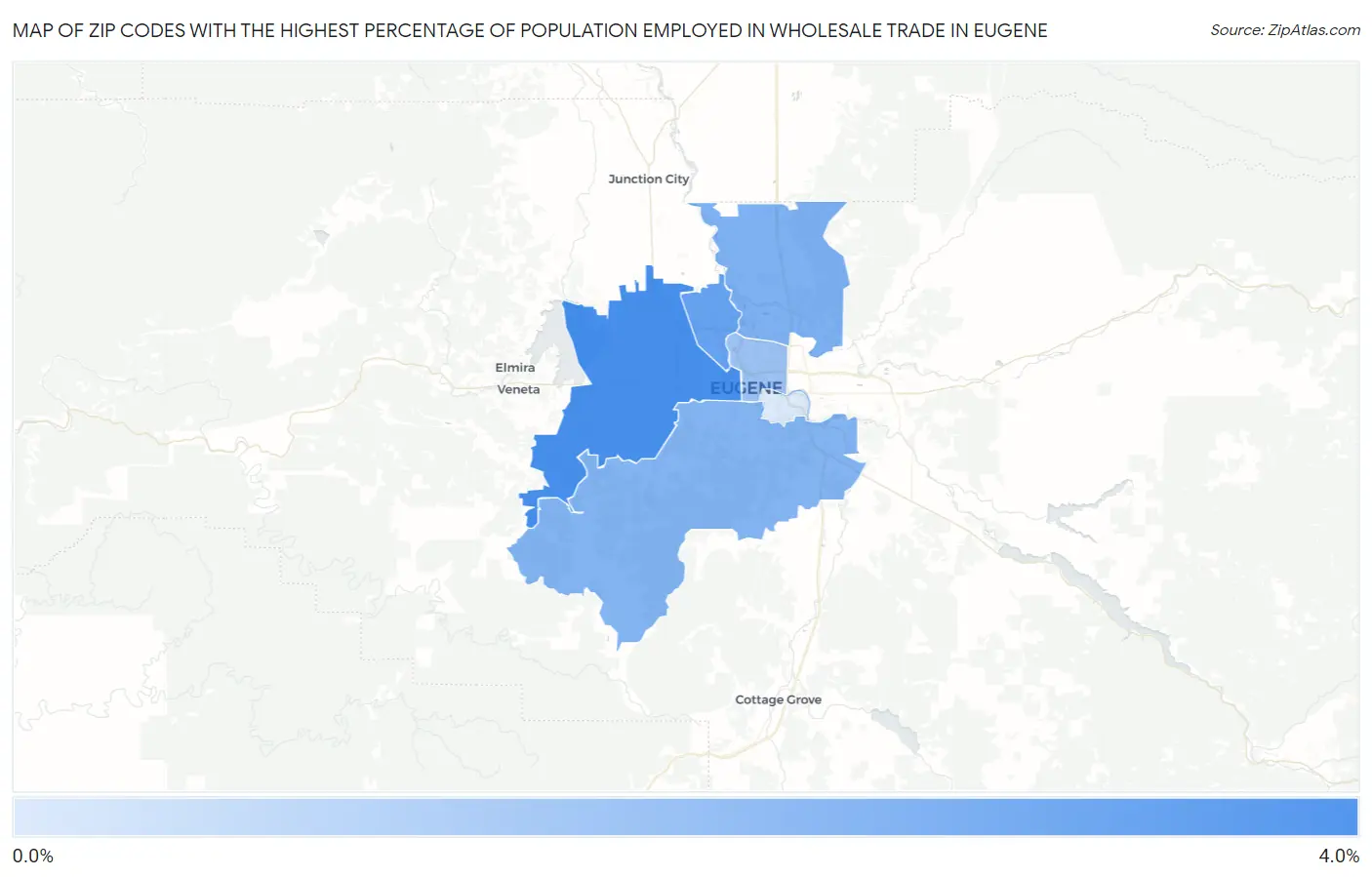 Zip Codes with the Highest Percentage of Population Employed in Wholesale Trade in Eugene Map