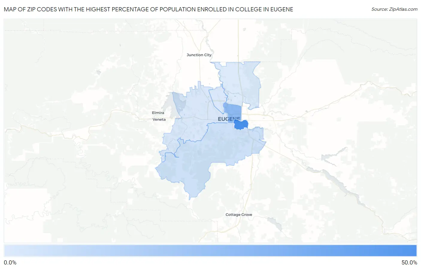 Zip Codes with the Highest Percentage of Population Enrolled in College in Eugene Map