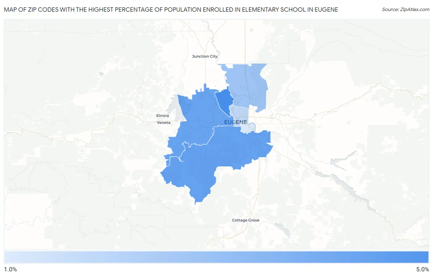 Zip Codes with the Highest Percentage of Population Enrolled in Elementary School in Eugene Map