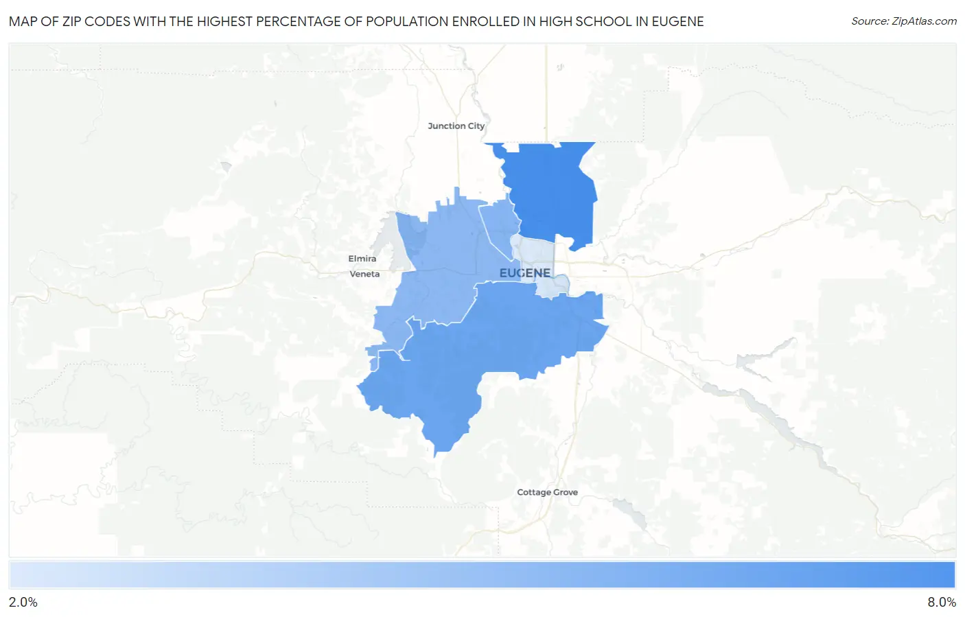Zip Codes with the Highest Percentage of Population Enrolled in High School in Eugene Map